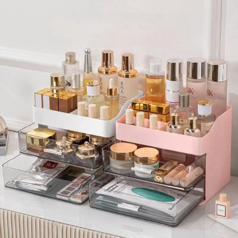 New Pink Makeup & Skincare Organizer, 2-Drawer Vanity Box with Display Case